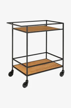 Bar Trolley Vita. Black frame with wheels and two Oak shelves