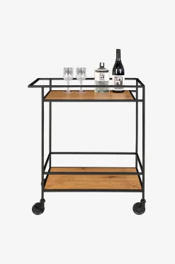 Bar Trolley Vita. Black frame with wheels and two Oak shelves